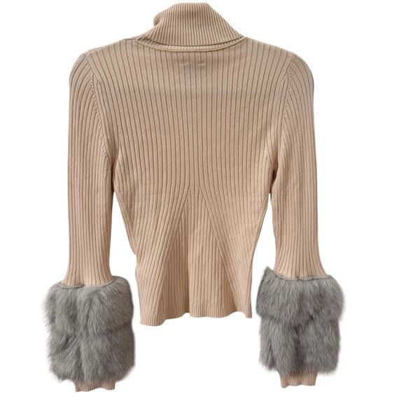 Anthropologie Maeve Faux-Fur Cuff Ribbed Turtleneck Sweater Cream Size S - Picture 9 of 11